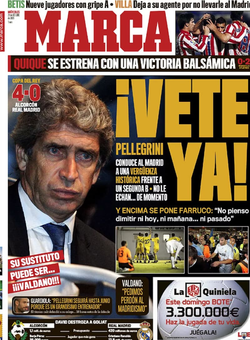 La inolvidable portada de Marca, tras uno de los mayores fracasos del Real Madrid, con Manuel Pellegrini como DT. Foto: Marca.