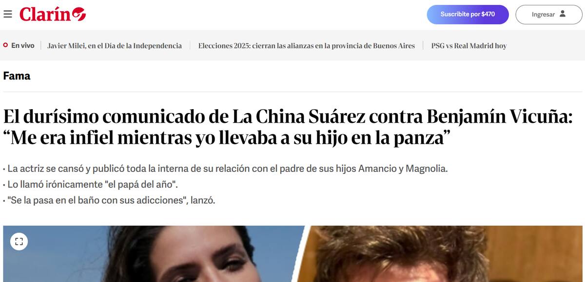 El medio argentino se centró en las acusaciones de China Suárez contra Benjamín Vicuña.