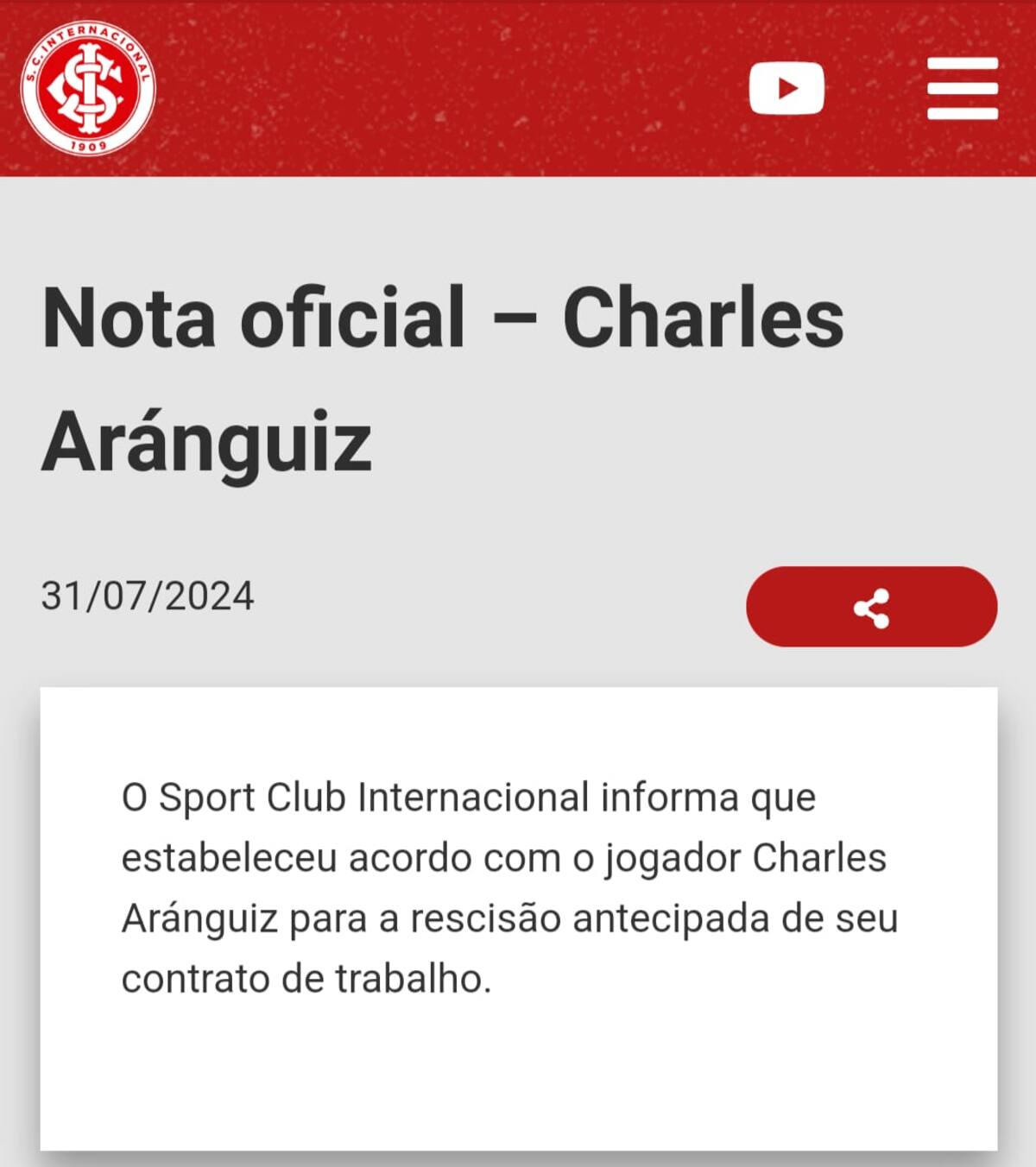 El comunicado del Inter sobre la salida de Charles Aránguiz.