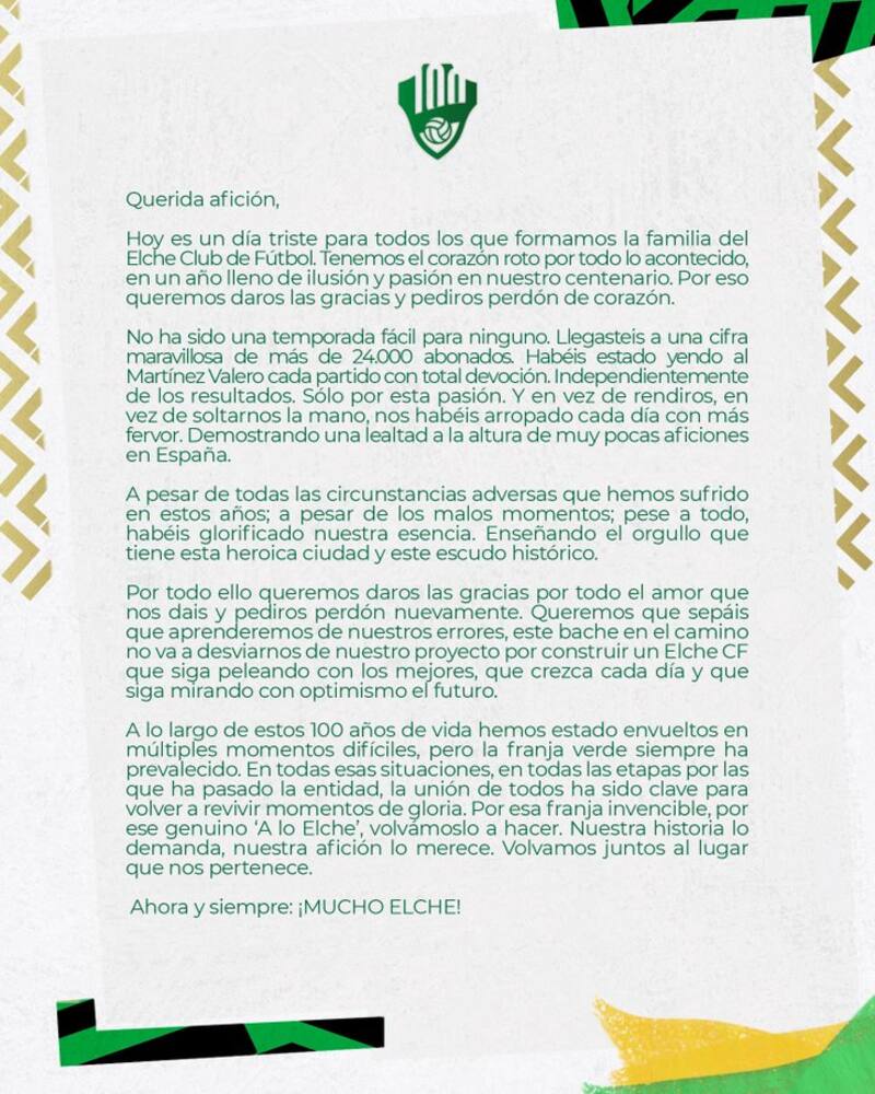Elche consumó el sexto descenso de la primera división de España