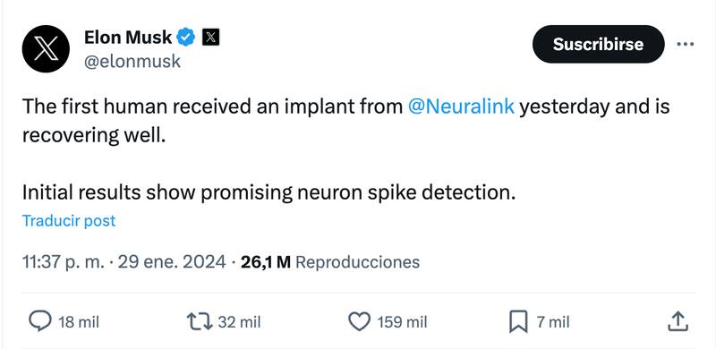 Elon Musk anunció de esta manera la implementación, por primera vez, de un chip cerebral a un ser humano.