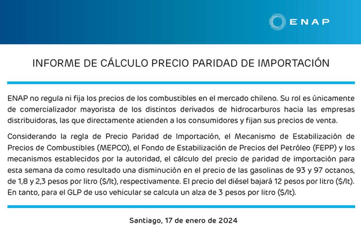 Informe de la ENAP respecto al precio de combustibles en Chile.