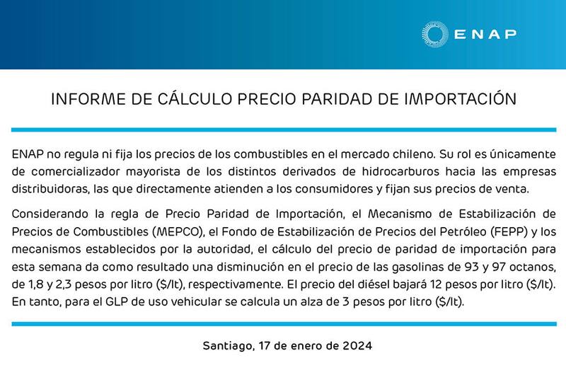 Informe de la ENAP respecto al precio de combustibles en Chile.
