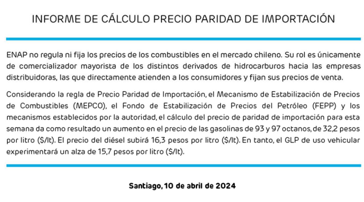 El principal aumento radica en la gasolina de 93 y 97 octanos. Créditos: ENAP.