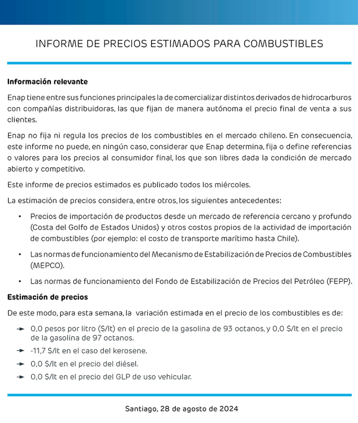 Informe hecho por Enap respecto al valor de los combustibles.