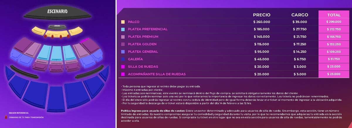 Ubicaciones y precios de las entradas para el Festival de Viña 2025.