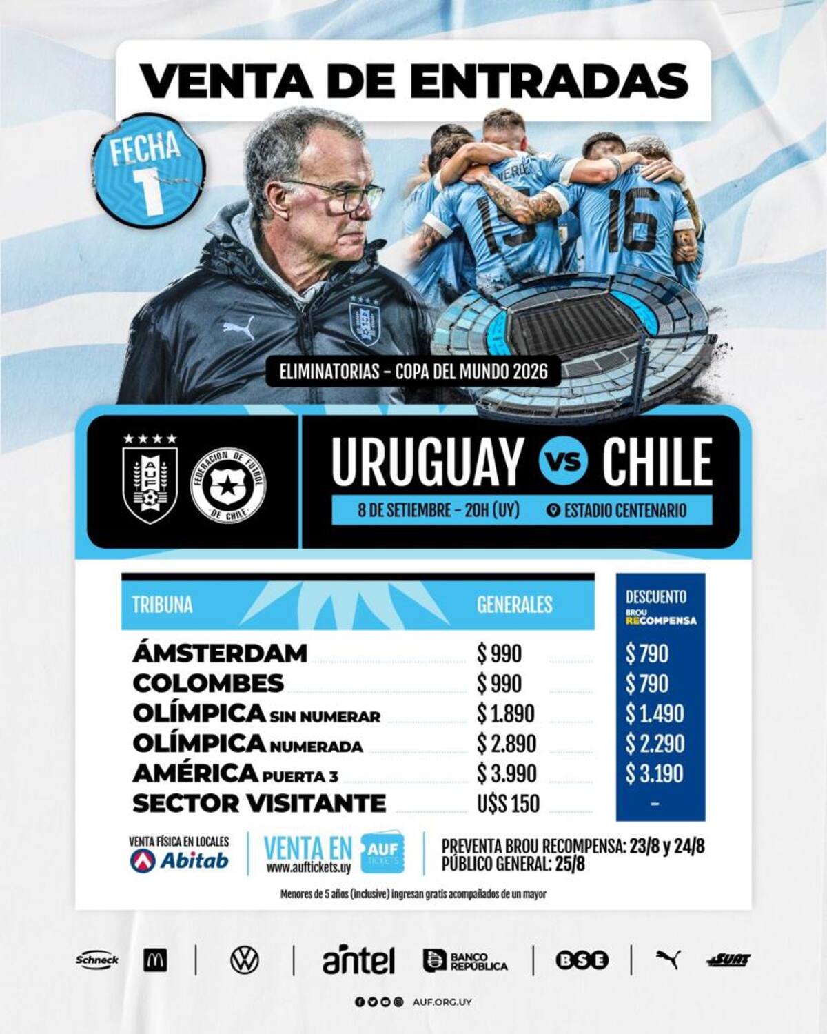 Los valores que fijó la AUF para ver el partido entre Uruguay y Chile por las Eliminatorias Mundialistas.