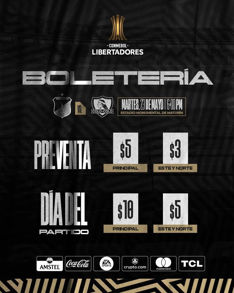 El precio (en dólares) de las entradas para asistir al duelo entre Monagas y Colo Colo por Copa Libertadores.
