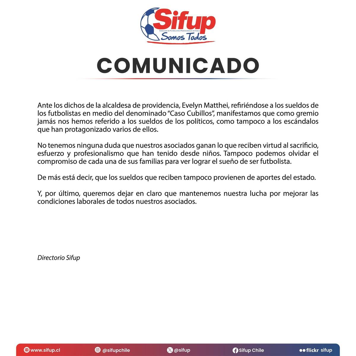 Este es el comunicado que emitió el Sifup tras las primeras declaraciones de Evelyn Matthei esta mañana.