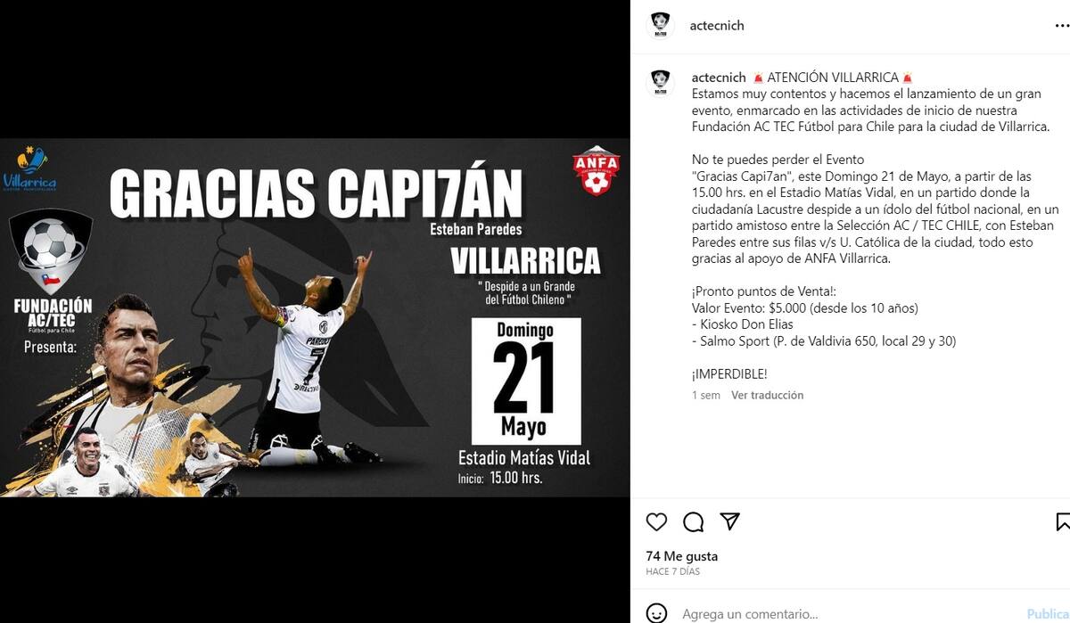 Esteban Paredes participará de actividad en Villarrica.