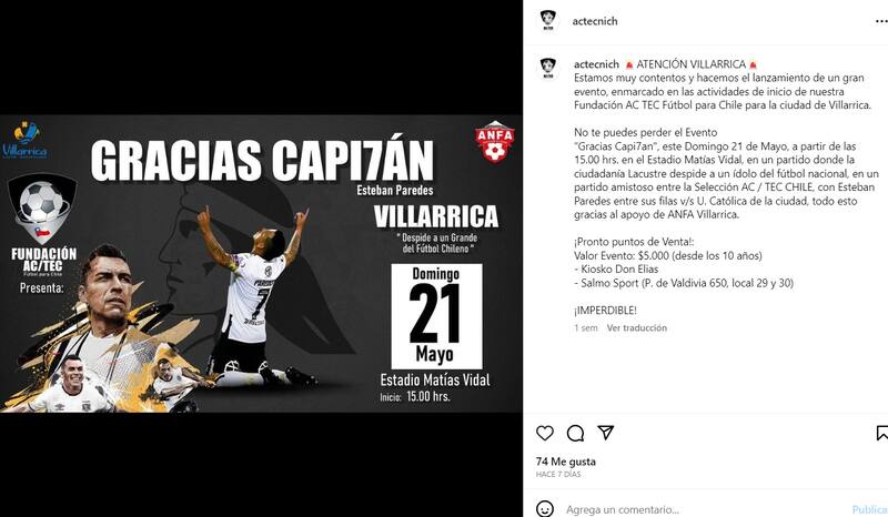 Esteban Paredes participará de actividad en Villarrica.