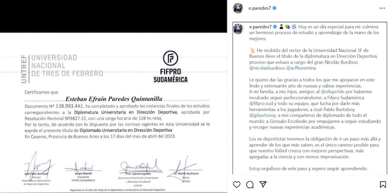 Esteban Paredes comunicó su finalización en el diplomado de gerencia deportiva.