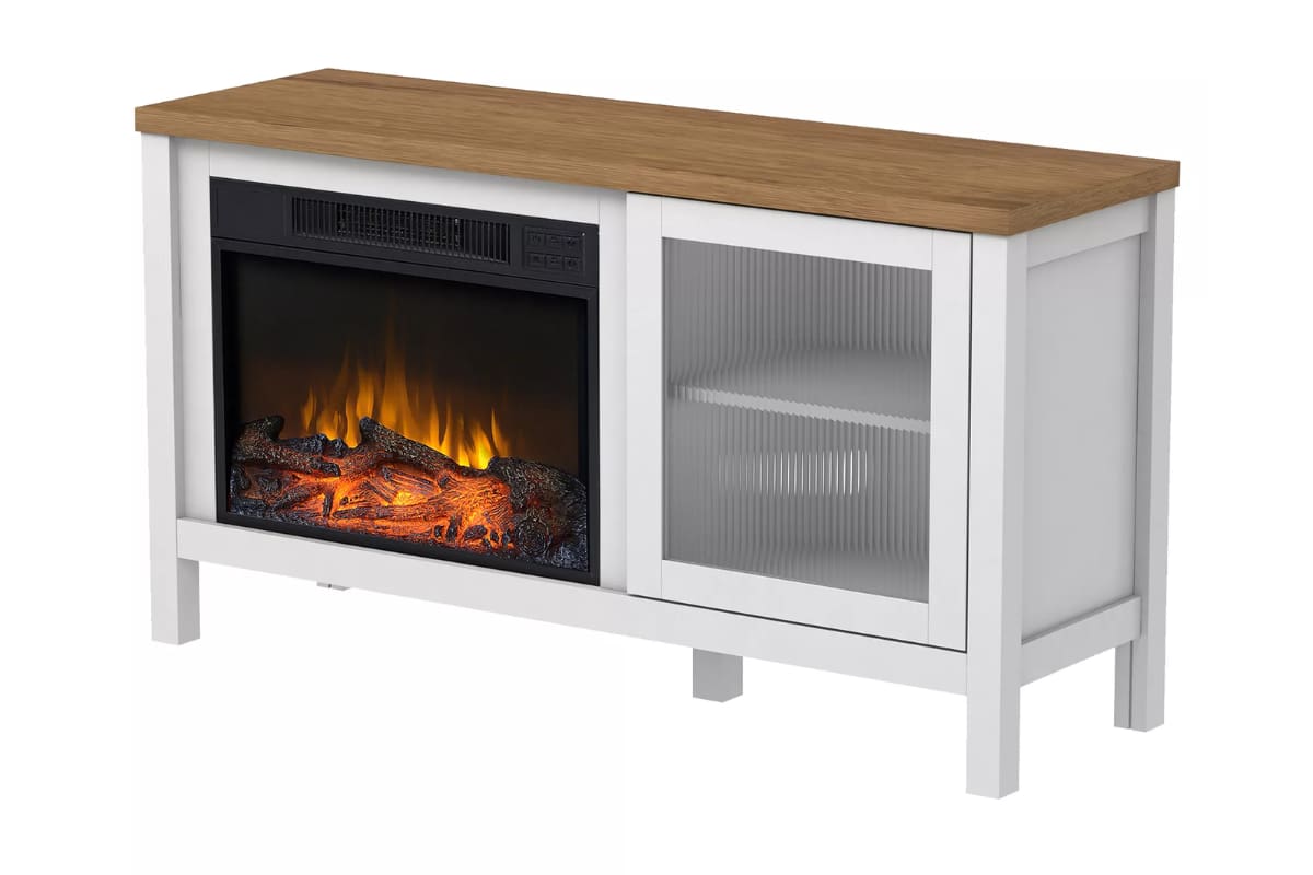 Este hermoso calefactor eléctrico cuenta además con un pequeño mueble de almacenamiento.