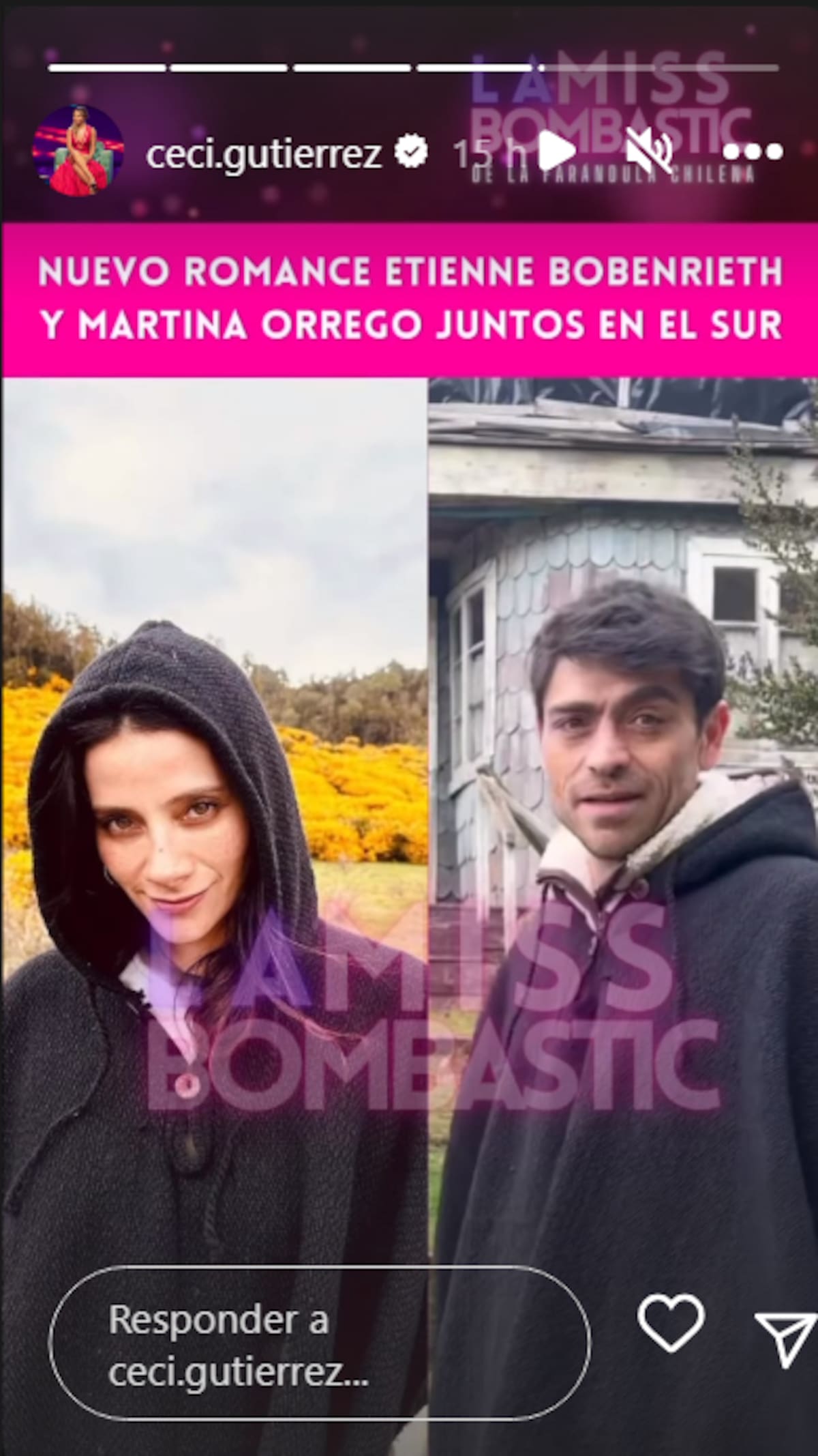 Según información publicada por la periodista Cecilia Gutiérrez por Instagram, Etienne Bobenrieth y Martina Orrego tendrían un romance y estarían juntos en el sur.