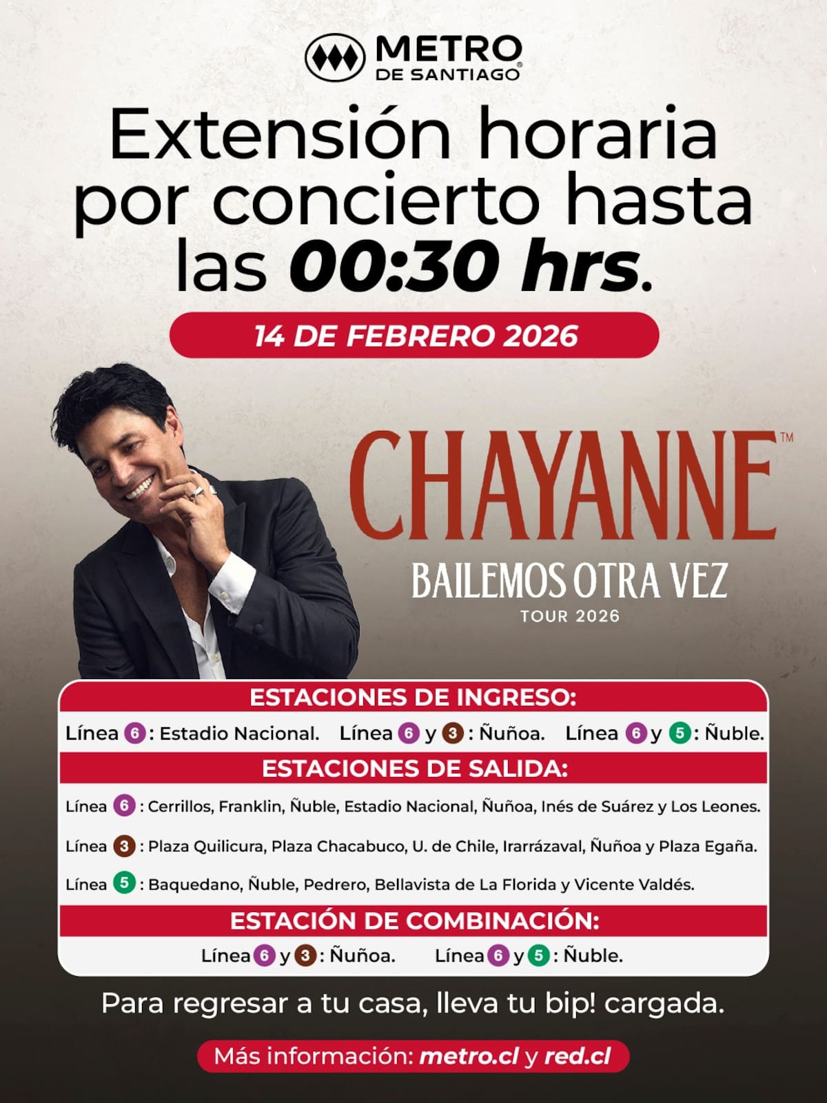 Para asegurar la llegada segura de los asistentes al evente, la red extenderá su servicio hasta las 00:30 en algunas estaciones. Créditos: Metro de Santiago.