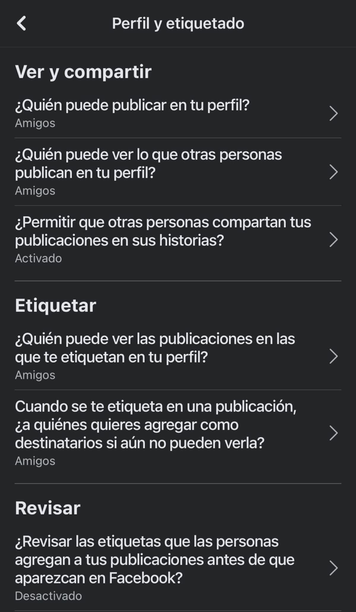Las opciones para restringir las acciones en nuestro Facebook.