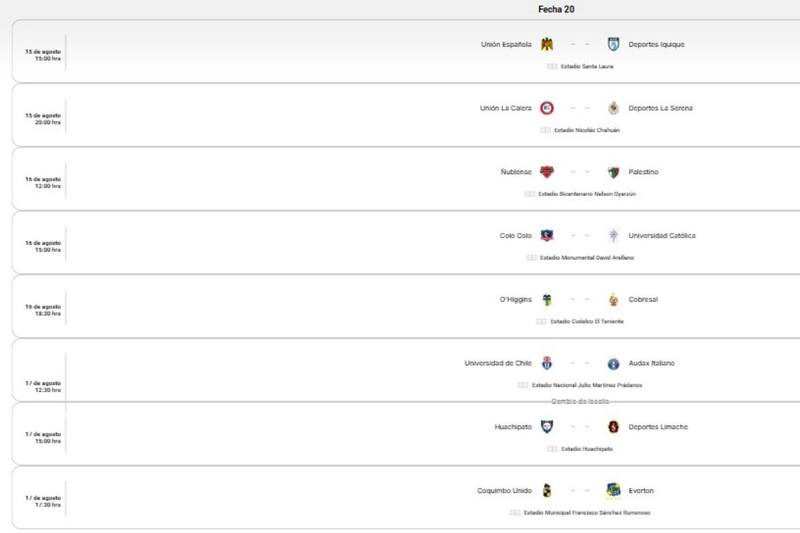 La ANFP programó la fecha 20 de la Liga de Primera 2025.