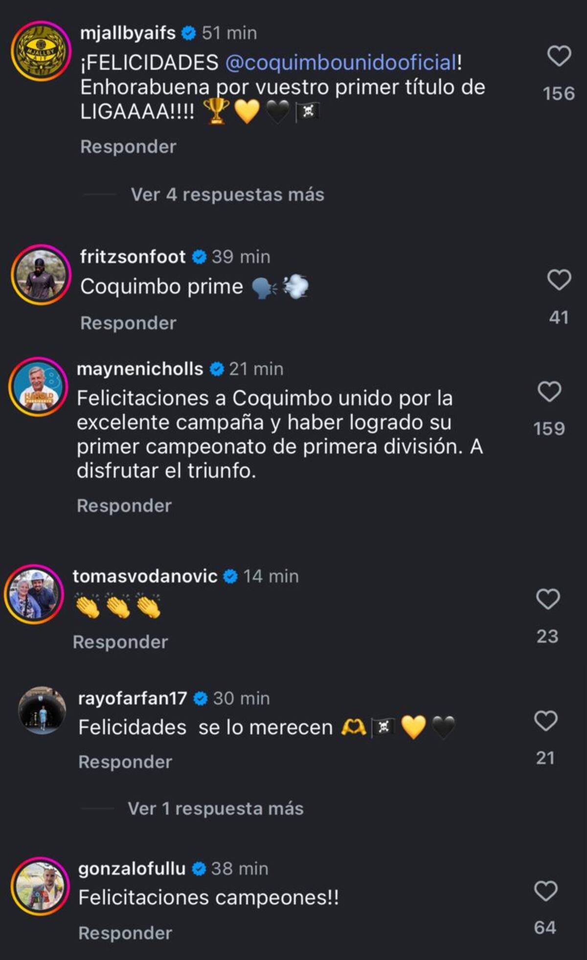 Comentarios de gente a la publicación de Coquimbo campeón. Foto: Instagram de Coquimbo Unido.