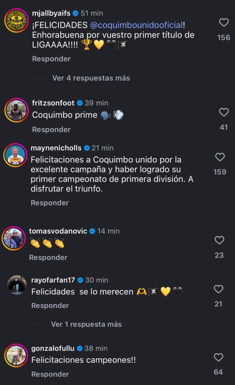 Comentarios de gente a la publicación de Coquimbo campeón. Foto: Instagram de Coquimbo Unido.