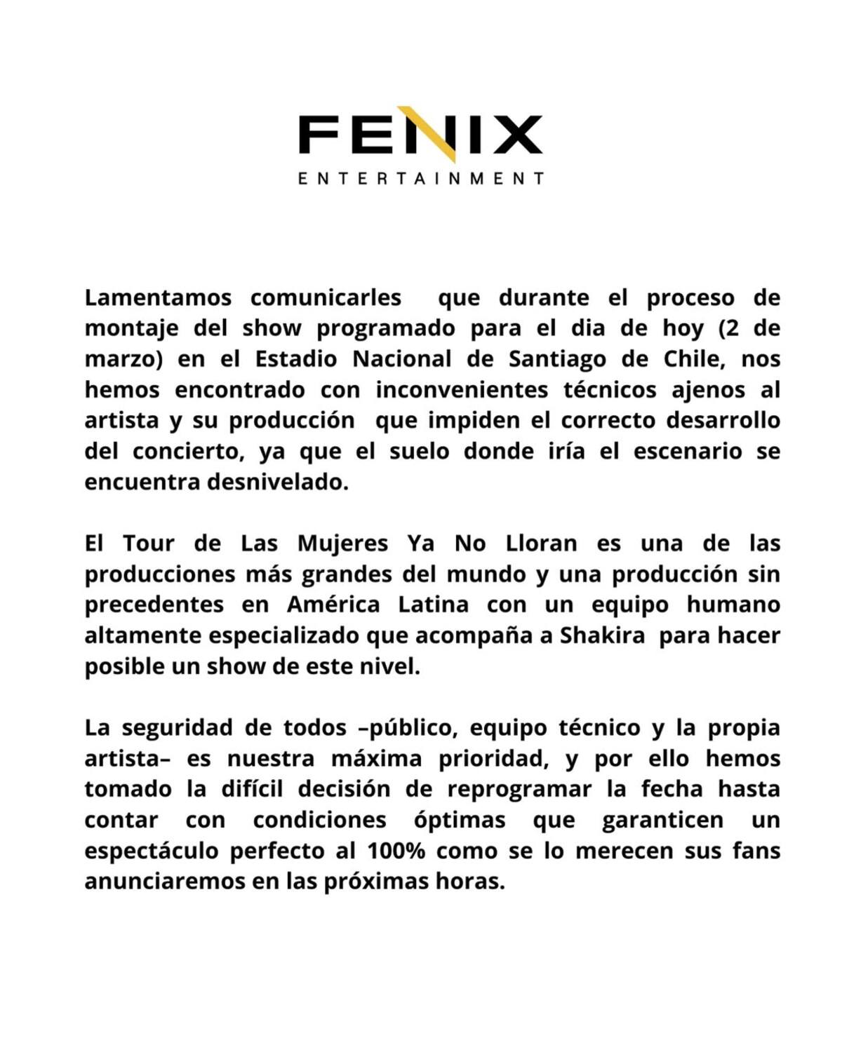 La productora explicó las razones de las cancelación del concierto de Shakira.