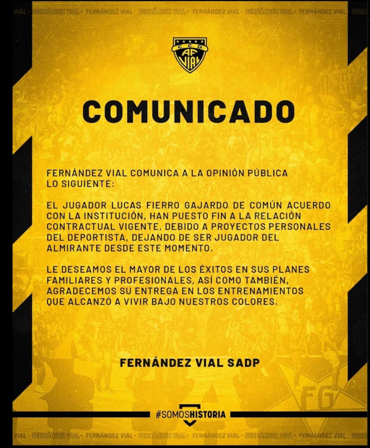 El comunicado de Fernández Vial en que confirma la salida de Lucas Fierro.