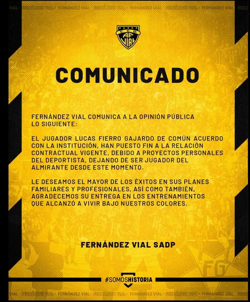 El comunicado de Fernández Vial en que confirma la salida de Lucas Fierro.