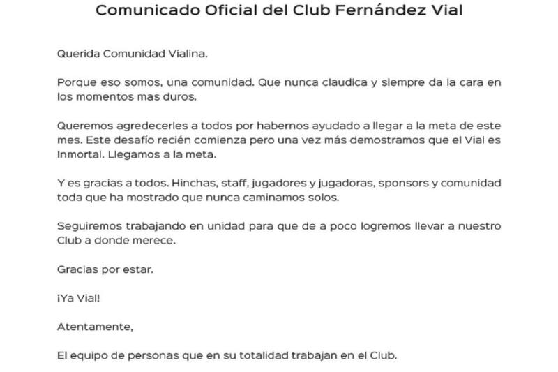 Fernández Vial informó a través de este comunicado que consiguieron reunir todo el dinero necesario. (Foto: @FernandezVial)