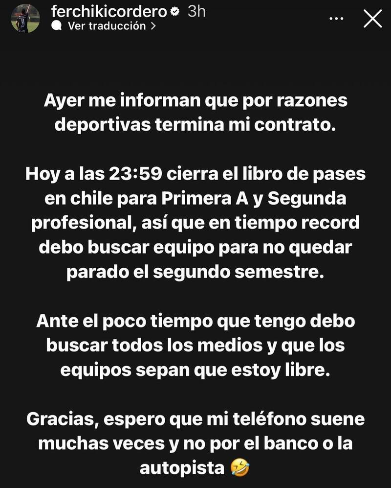 Chiqui Cordero pidió club a través de Instagram.