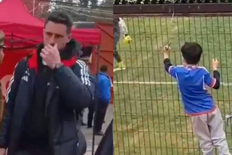 De Paul llegando al Superclásico e hincha haciéndole gestos en el calentamiento previo al duelo.