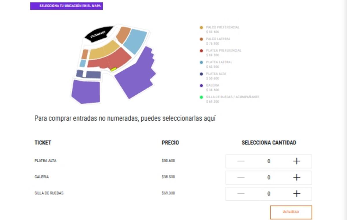Estas son las ubicaciones disponibles y sus respectivos precios.