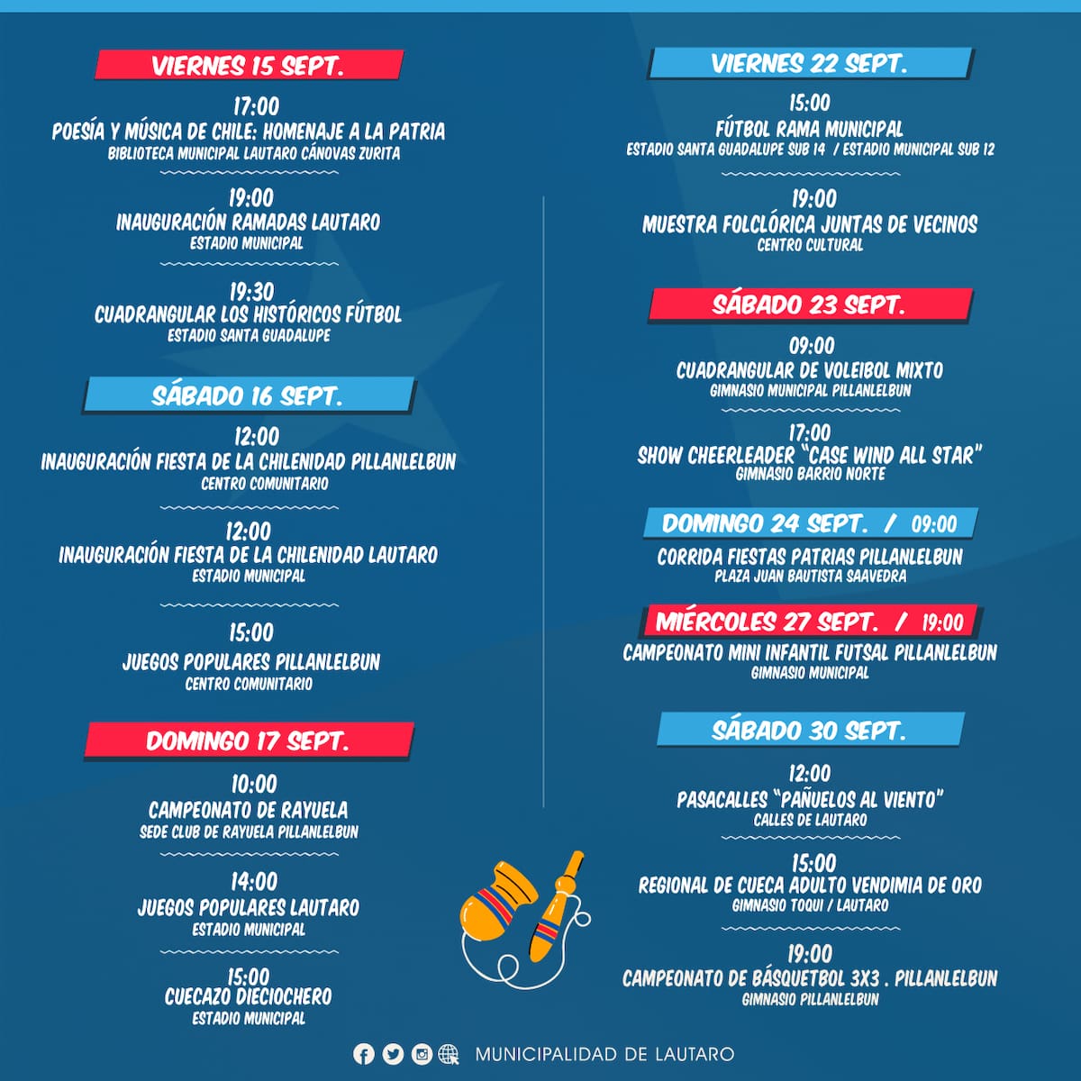 Revisa la programación completa de las actividades de Fiestas Patrias en Lautaro y Pillanlelbún.