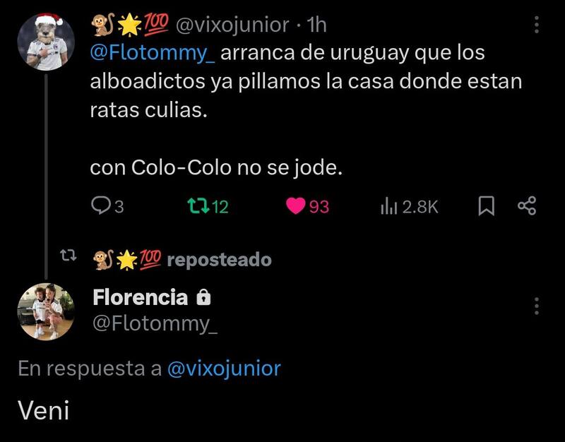 La esposa de Maximiliano Falcón le respondió a un hincha de Colo Colo en X.