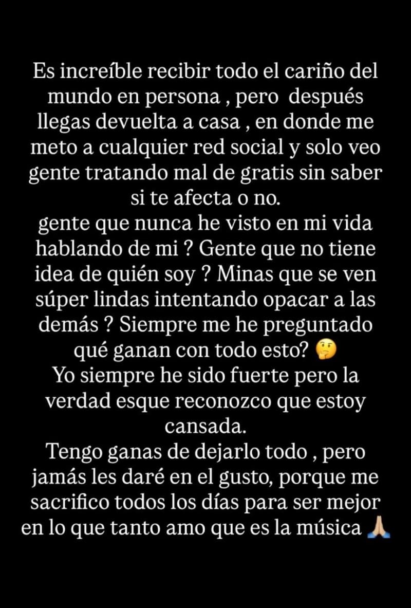 Historia publicada por la cantante en su Instagram.