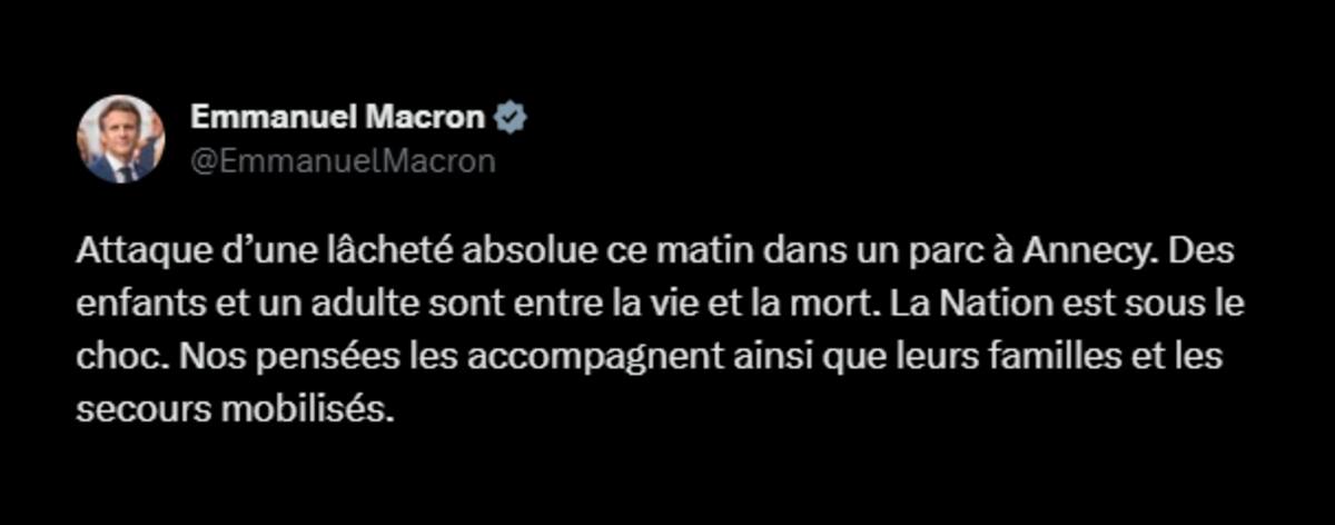 Estas fueron las palabras del Presidente de Francia: "Un ataque absolutamente cobarde el de esta mañana en un parque de Annecy. Niños y un adulto entre la vida y la muerte. El país está en shock. Nuestros pensamientos están con ellos, sus familias y los servicios de emergencia". Créditos: Pantallazo Twitter.