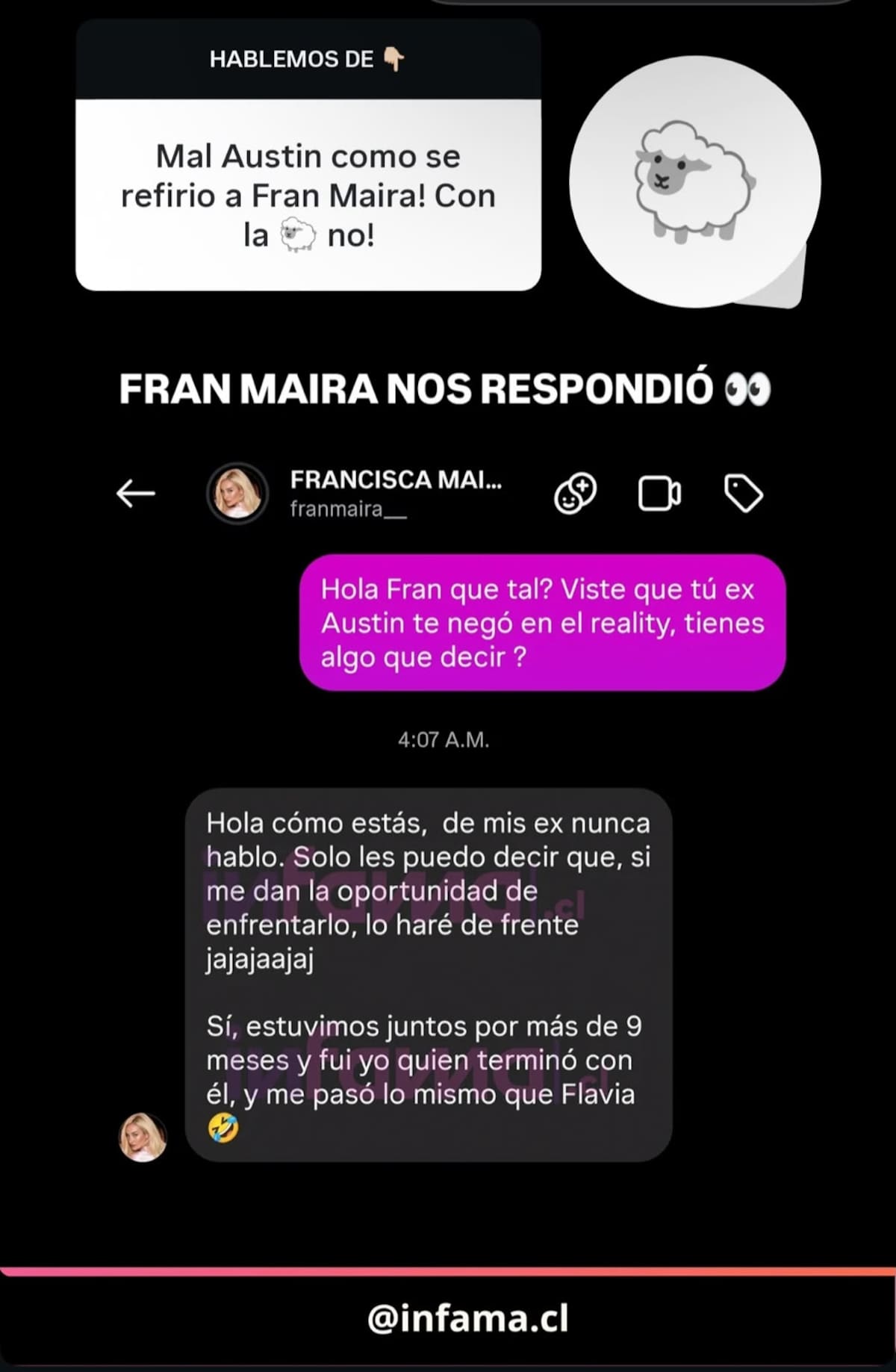 Responde a ninguneo de Austin Palao.
Foto: Instagram
