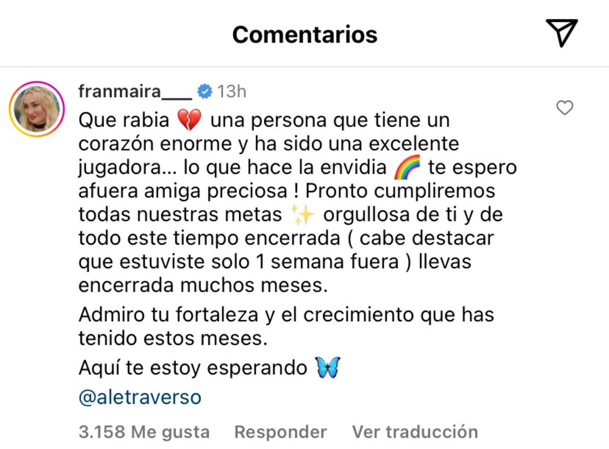 La defensa de Francisca Maira por eliminación de Alessia Traverso de "Gran Hermano" Chile. Foto: Instagram.