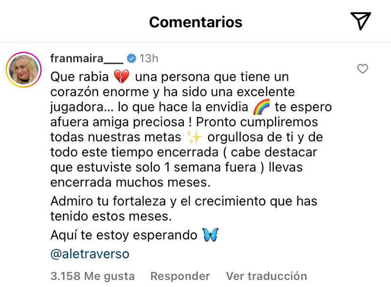 La defensa de Francisca Maira por eliminación de Alessia Traverso de "Gran Hermano" Chile. Foto: Instagram.