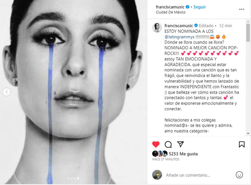 A través de su cuenta de Instagram, la cantante chilena subió una publicación celebrando su nominación a los Latin Grammys.