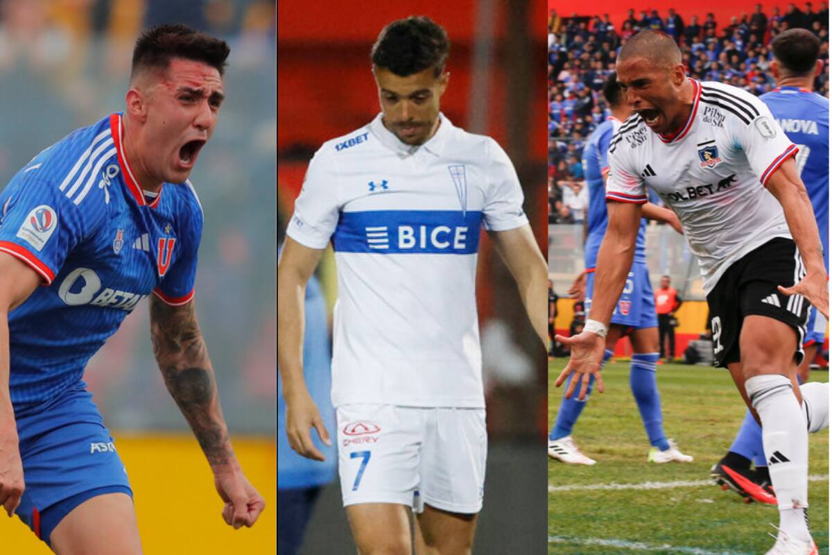 Ignacio Tapia (U), Franco Di Santo (UC) y Leandro Benegas (Colo Colo). Foto: Aton.