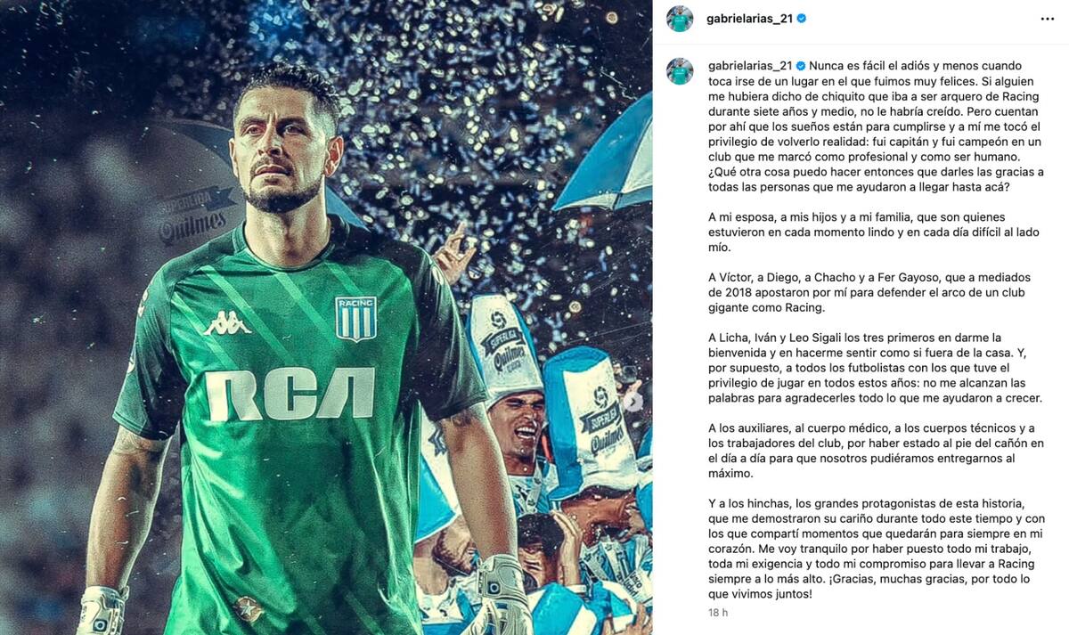 El portero se despidió de Racing