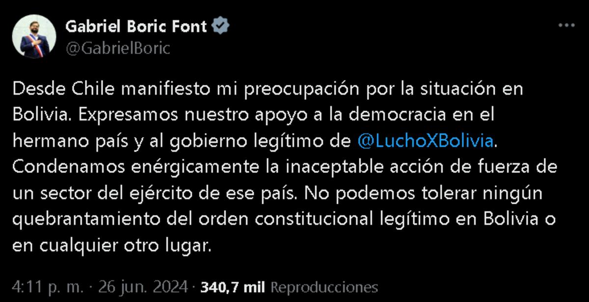 El Presidente de Chile condenó el intento de golpe.