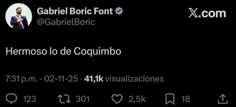 El presidente de Chile felicitó a Coquimbo Unido por su título. Foto: Gabriel Boric en X.