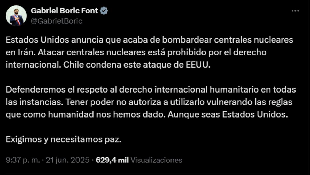 El presidente de Chile condenó enérgicamente el ataque de Estados Unidos a Irán.