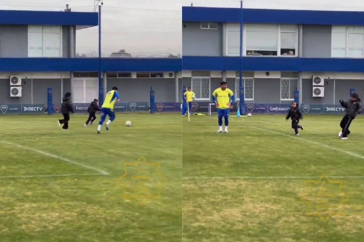 entrenando con sus hijos en el Boca Predio.