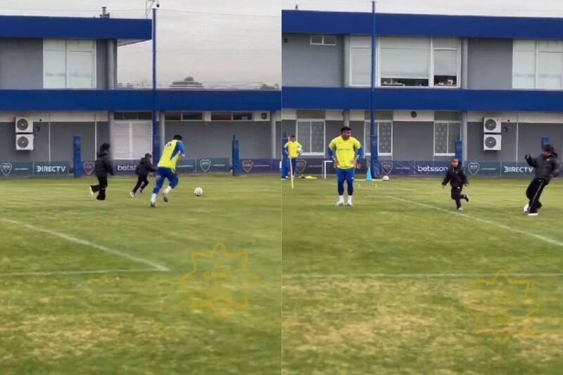 entrenando con sus hijos en el Boca Predio.