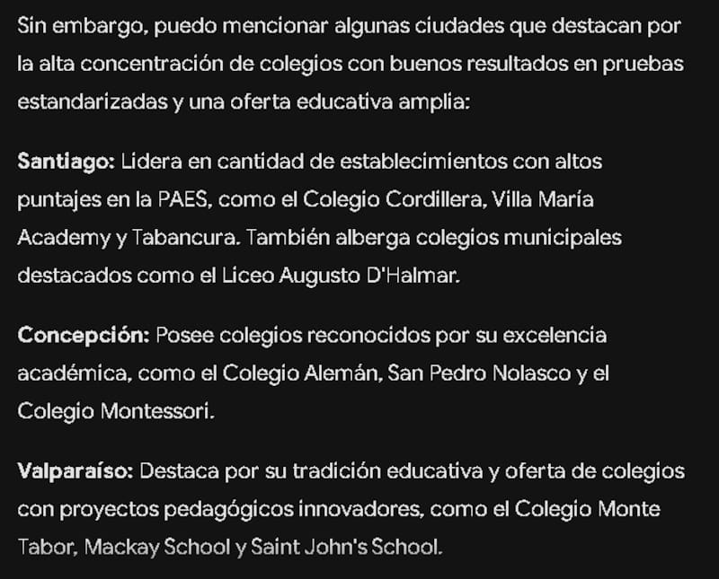La respuesta de Gemini sobre las ciudades con mejores colegios en Chile.