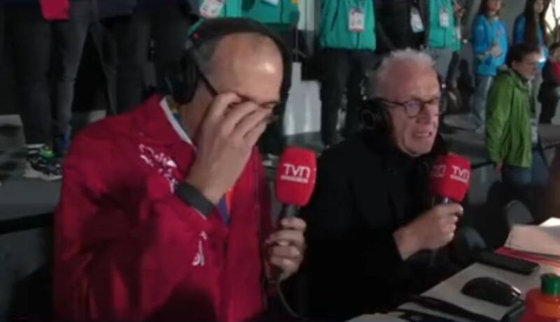 Pedro Carcuro junto a Gert Weil, para relatar el oro panamericano de Martina Weil, uno de los momentos icónicos de Santiago 2023. Foto: Captura.
