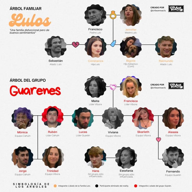 Árbol familiar que grafica los grupos creados en "Gran Hermano" Chile. Créditos: @chileanreacts