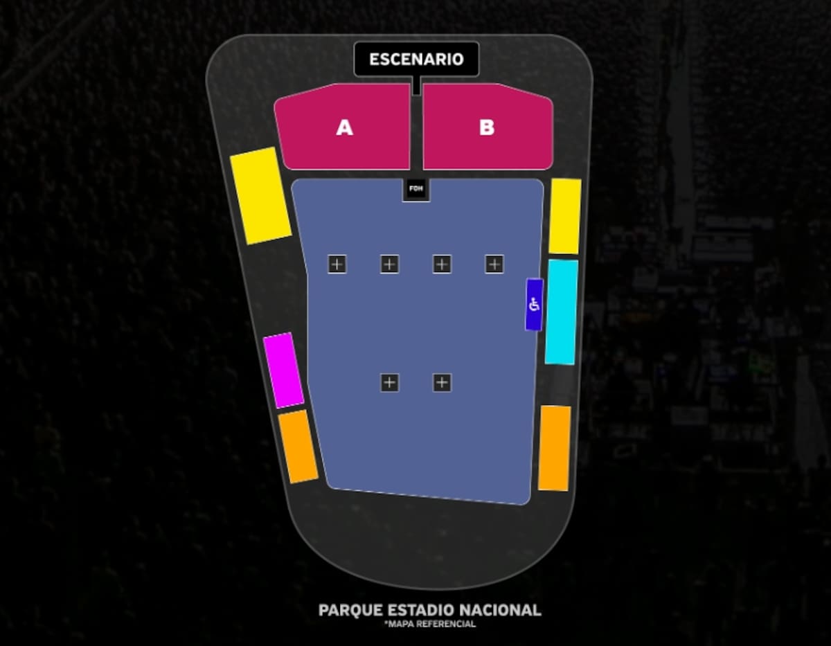 Mapa con las ubicaciones para el show de la banda en el Parque Estadio Nacional.