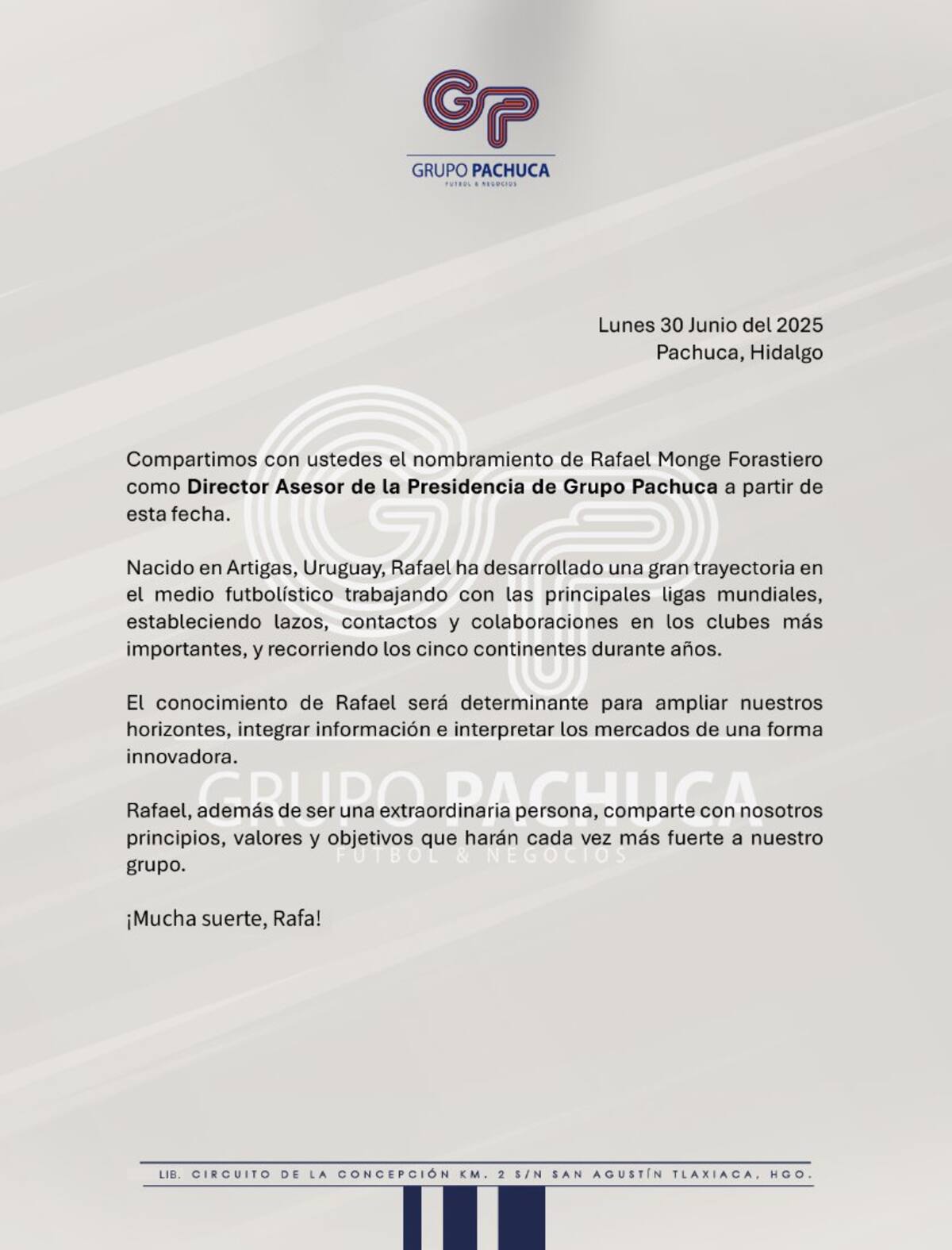 El conglomerado mexicano dueño de Everton anunció el arribo de Rafael Monge como importante directivo. Foto: Grupo Pachuca